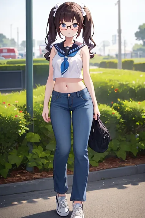 Beautiful teenage girl。Glasses、 Twin Tails、Summer sailor uniform、Sleeveless Top 、abdomen、Pokies、 straight blue jeans、bell bottom long pants 、A beautiful Korean woman wearing sneakers 、 anime style。(No bra:1.3)、 best quality、masterpiece、 very detailed face、...