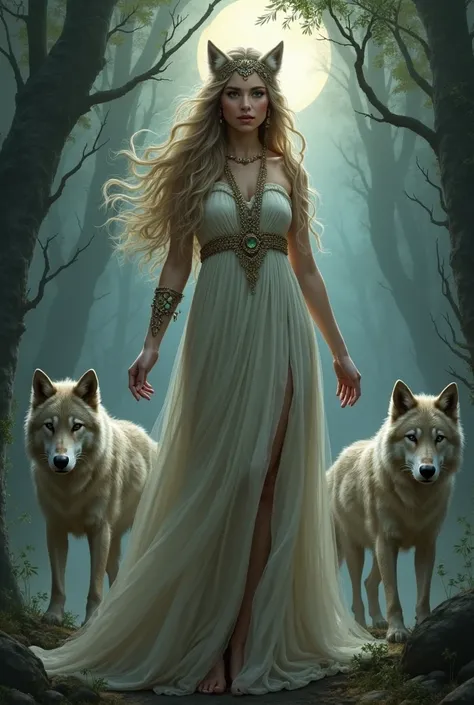 a beautiful wolf goddess, 1girl, detailed face, piercing eyes, lovely lips, soft hair, ornate headdress, flowing dress, surrounded by wolves, mystical forest, fantasy landscape, glowing moon, dramatic lighting, cinematic composition, muted color palette, p...