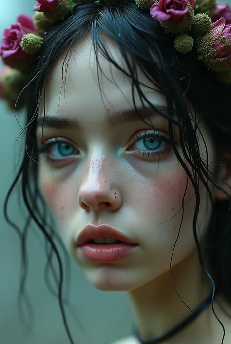 A surreal, ethereal close-up portrait of a young woman with strikingly bright aqua-blue eyes that stand out dramatically against her pale, almost translucent skin. Her delicate features, including high cheekbones and full lips, convey both fragility and st...