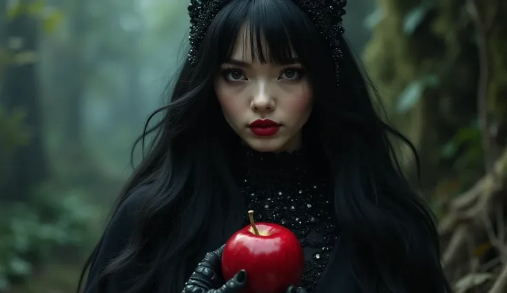 Girl,Black long hair，Black Queen，accessories，Apple in hand，Poison apples，Witch Queen，Red lipstick