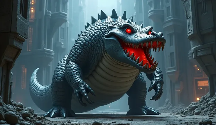 A 3D image of a standing cartoon Crocodile(A hulking crocodile with metallic jaws, glowing red eyes, and armored scales.)inside a towering metallic fortress 