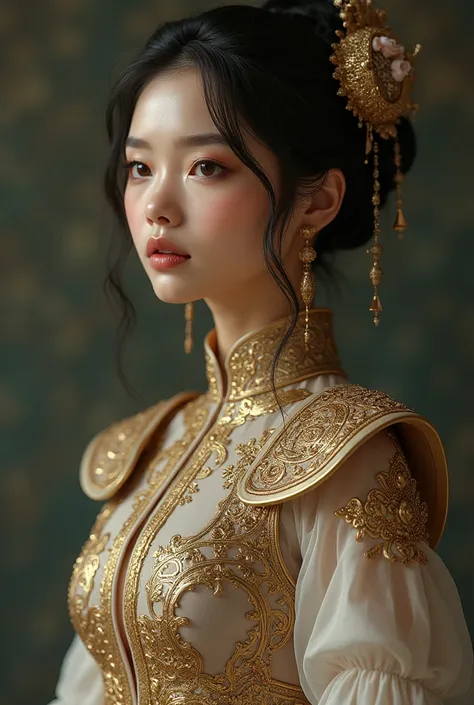 a cute woman from thailand with ancient suit .  full body . good curve. tan skin. realistic beautiful girl.fantasy.her face like reference picture. legs appear.   masterpiece.pretty.