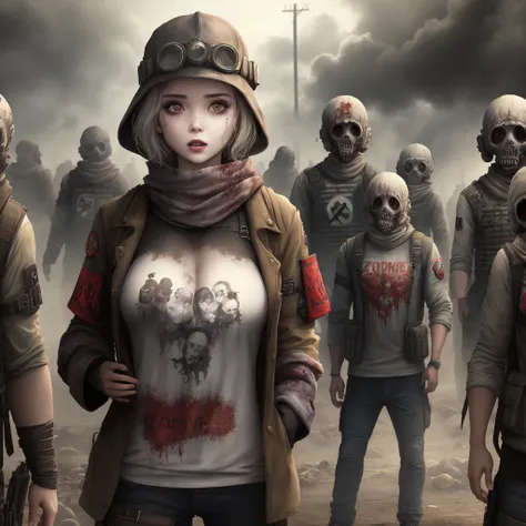  com roupa de apocalipse, numbers 34 in clothes on the sleeve and chest, apocalyptic scenario with zombies behind.