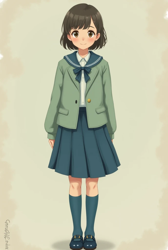  girl in uniform , blue stockings,  White Shirt, light green wool jacket , blue shoes with buckle