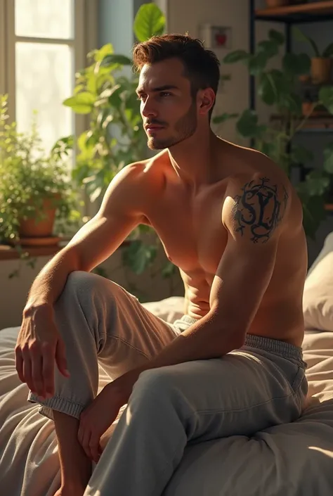 A handsome man, sitting on bed, wearing  pajama pants, indoors, soft lighting, plants in background, window with sunlight, cozy room, relaxed pose, realistic, intricate details, warm, then his name is "Scylla" then his name put in it in his cloth