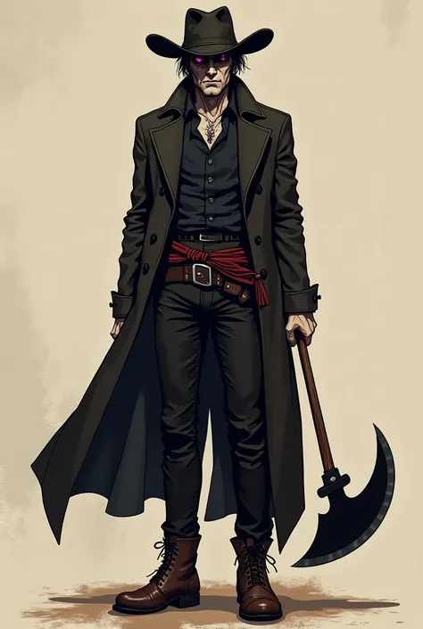 Anime style Man with a evil face. He has a cowboy hat and vintage coat and vintage shoes. He has the ability to use his black blood to create weapons like his knifes in his belt and he has an ax made with a black reflective blade. 