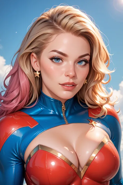 A nerdy woman with blond hair in a Superwoman suit