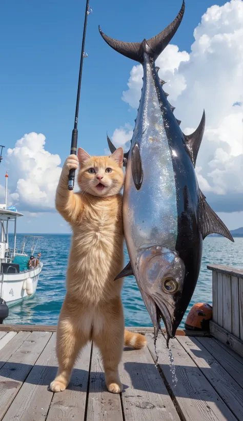 An ultra-realistic and highly detailed scene of a short-haired orange cat that has just caught a massive tuna fish. The cat, with wide, surprised eyes and an open mouth, is standing on its hind legs on a wooden pier, holding onto a large fishing rod that b...