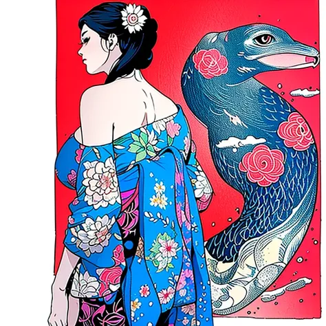 (masterpiece, top quality, best quality, official art, beautiful and aesthetic:1.2),1girl, tattoo, solo, japanese clothes,  hair ornament, unsheathing, black hair, sheath, back tattoo, blue eyes,  off shoulder, bare shoulders, looking back, from behind, fl...