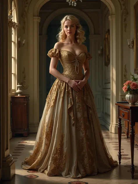 A beautiful blonde American Southern woman, dressed in Southern dress, a huge Southern skirt, stands in the foyer of a stately plantation house, North against South