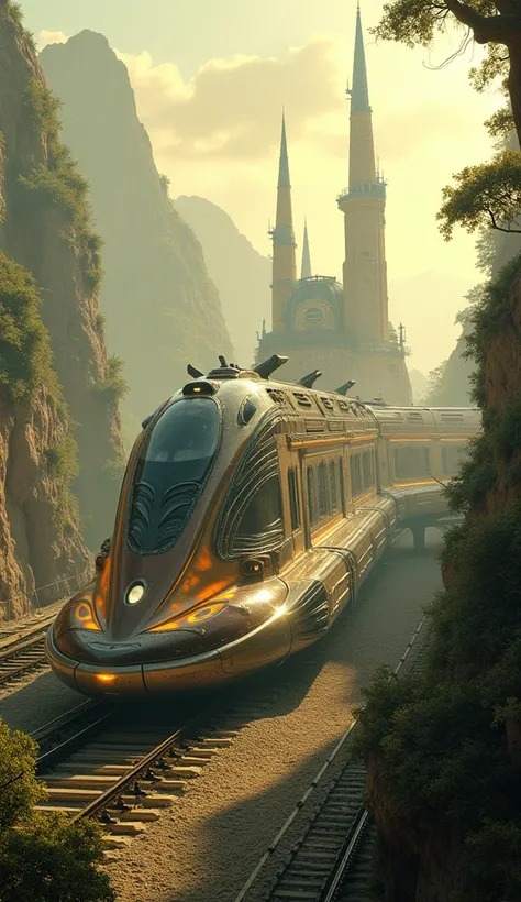 Epic futuristic world with train, awsome, very high detailed, detailed world, romatic wirld, gold world, modern world, futristic