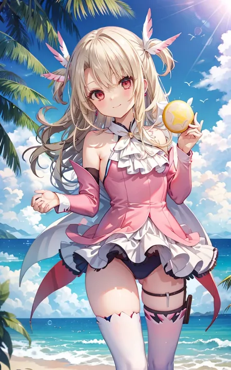 girl petite smile long blonde red eyes swimsuit beach