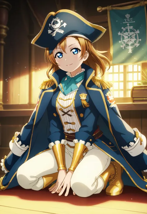 (Masterpiece, Best Quality, High Quality),bright and cheerful lighting, anime style, love live,kousaka honoka , blue eyes, brown hair, pirate outfit, pirate-style coat, blue coat, gold trims, epaulets, white pants, tricorn hat, golden boots, regal, 18th-ce...