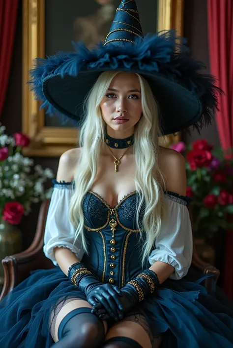 Beautiful Asian woman, 18 years.
Open chest, no buttoned shirt, Very large chest, size 45 inches,
A young woman dressed in an elaborate fantasy-themed outfit featuring shades of dark blue and white with intricate details. She wears a wide-brimmed, pointed ...