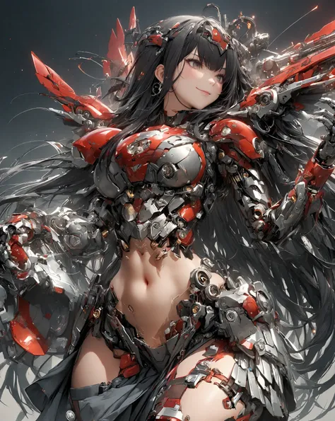 Anime, high detailed, 1 woman, solo, pit-dark hair, extremely long hair, blindfold, smile, big bosom, heat-red colored mechanical armor, curvy body, mechanical gauntlets (with clawed fingers), milf's thighs, long half-skirt, mecha boots, large mechanical w...