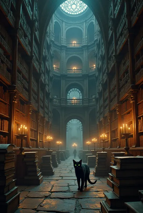 An old library， fantasy style，Many books，high bookcase ，Candlelight ，Black Cat