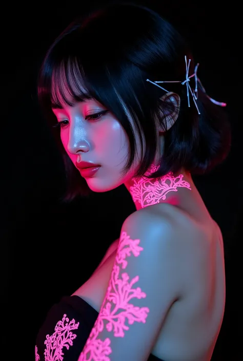 1 young woman,(Fluorescent pink tattoo with delicate design on neck and arms:1.5),((lidded eyes:1.4)),(looking down:1.3),(parted_lips:1.4),(intricate detailed:1.4),((Short hair with slightly curled white hair:1.4),Casual navel crop top,upper body,black bac...