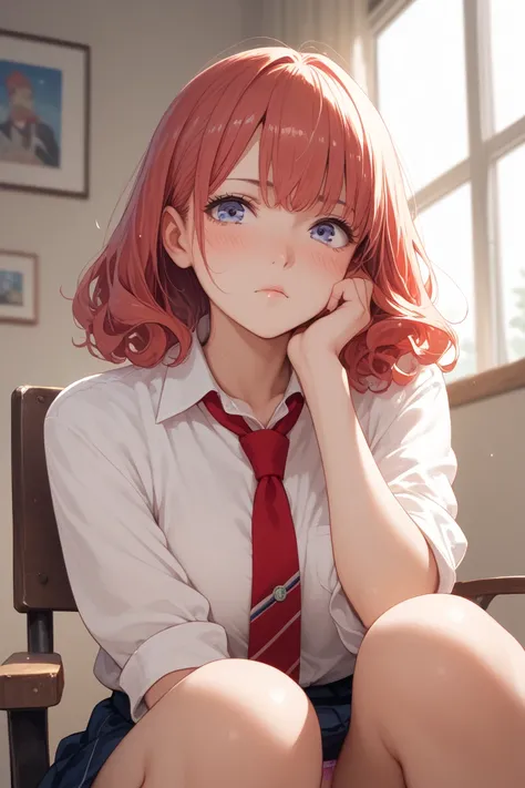 わきUnderを見せない，blush，Under，  no background ，   with a red tie around your neck ， Stare at Pe ，Sit on a chair，Front view， panties 