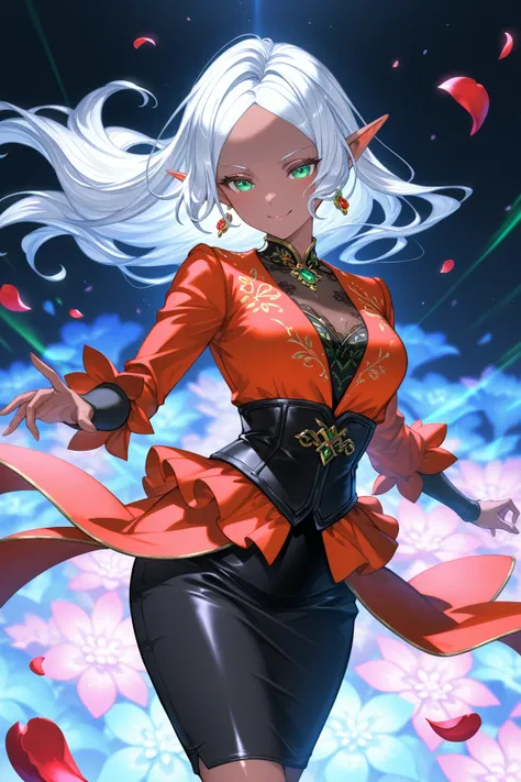 artist:minaba hideo, 1girl, solo, female dark elf, silver long hair, green eyes, (beautiful eyes, details eyes), pointy ears, Shiny skin, Glossy lips, seductive smile, Beautiful costumes with intricate embroidery, tight skirt, accessories, Red earrings, BR...