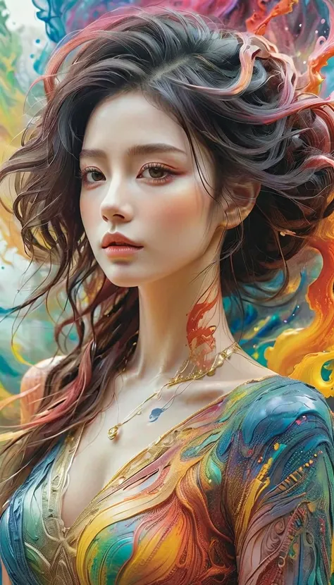 Colorful beautiful woman: Black ink flow: 8k resolution photorealistic masterpiece: by Aaron Horkey and Jeremy Mann: intricately detailed fluid gouache painting: by Jean Baptiste Mongue: calligraphy: acrylic: watercolor art, professional photography, natur...