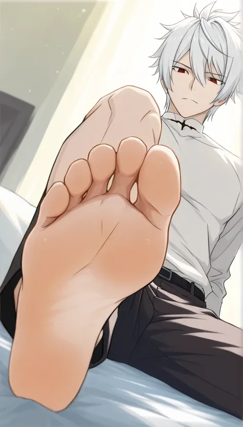 (masterpiece, Highest quality, Ultra-high resolution), 1boy, source_anime \(LarcadeFT, closed mouth, sitting on a bed, bare legs, barefoot, view of the soles of the feet, protruding feet, focus on feet, bottom up view,, looked down, focus on feet, he is ad...