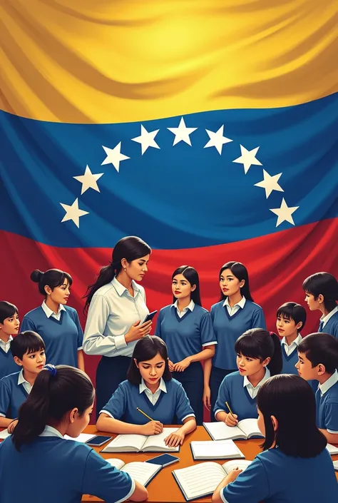 Picture alluding to Teacher's Day, Students training for national sovereignty want a design that includes :A tricolor representative of the Venezuelan flag and an emblematic phrase by Simón Bolívar