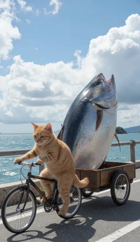 An ultra-realistic and highly detailed scene of a small short-haired orange cat riding a tiny ren's bicycle, viewed from a side angle. The cat is pedaling with determination, its small paws gripping the handlebars firmly. Behind the bicycle, a massive tuna...