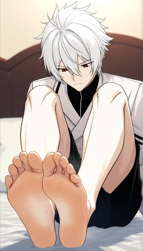 (masterpiece, Highest quality, Ultra-high resolution), 1boy, source_anime \(LarcadeFT, closed mouth, sitting on a bed, bare legs, barefoot, view of the soles of the feet, protruding feet, focus on feet, bottom up view,, looked down, focus on feet, he is ad...