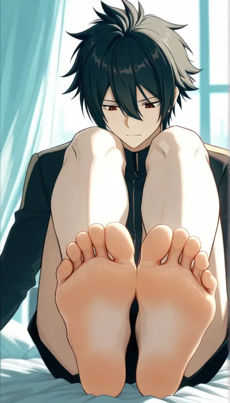 (masterpiece, Highest quality, Ultra-high resolution), 1boy, source_anime \(LarcadeFT, closed mouth, sitting on a bed, bare legs, barefoot, view of the soles of the feet, protruding feet, focus on feet, bottom up view,, looked down, focus on feet, he is ad...