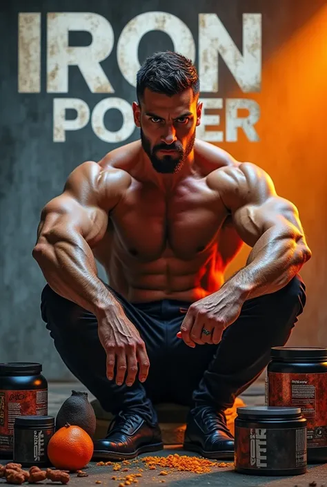 Create an image that shows the text iron power And some bottel of protein and caraten and a bodybuilder man Show the text in front if the image and the man is sit down


