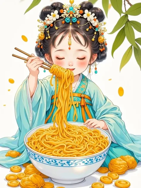  beautiful and cute s， Chinese style ，Light blue background   ，Happy mood ，EAT NOODLES