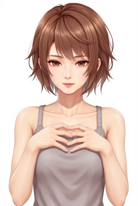  Super Fine、Picture of her face 、She smiles, I&#39;m wearing a camisole,  poses with hands crossed in front of the chest in the shape of a heart、The background is plain 、    High Definition 、細部にわたって   High Definition 