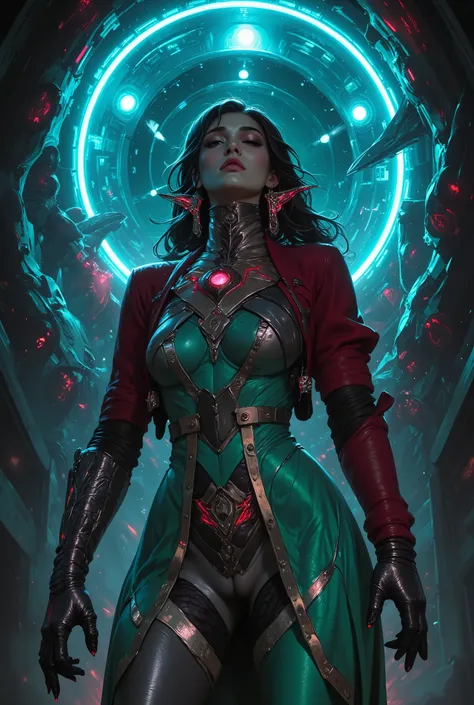 (A stunning tall woman is posing like a fashion model:1.5), (She is an anti-hero wearing intricated desighned vivid indigo and light green and dark gray and scarlet uniform:1.7), neon colored mechanical biomorphism, horror art, intricate details, maximalis...