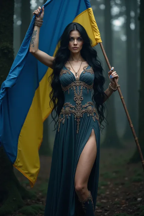     carries out ultra-realistic photography , Beautiful long black hair witch, blue eyes , blue yellow dress  , leg-slit  , deep V-neck.  holds the flag of Ukraine 