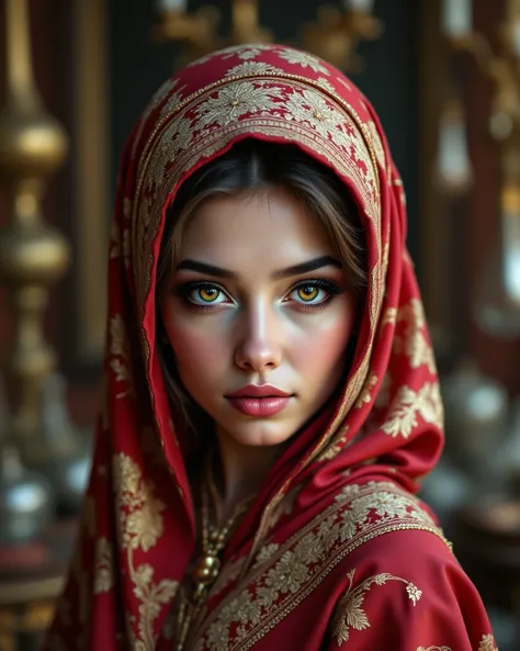 The beautiful young Macedonian woman donning hijab, subtle smile on her beautiful innocent face, insanely detailed and intricate scene details and other objects, award winning masterpiece hyper realistic illustration, Don Lawrence style, trending on artsta...