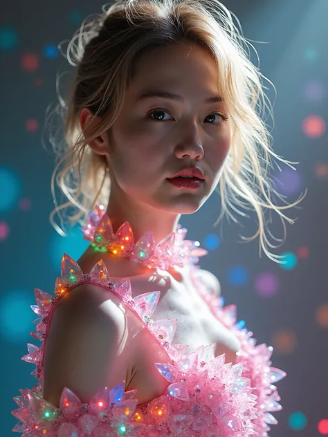 real photograph, (masterpiece), (highest quality), (Super detailed), (messy hair), (shape), (one japanese young woman), blond hair, pretty face, 
a dress fully made from geometric prisms and bundeled light, multicolored shine sparkle background ,