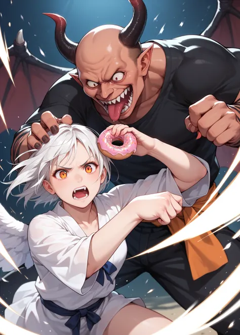 white Angels girl and black demons man , fighting in my head , catfight, Ghibli-style color , If the angels win, I go on a diet, if the devil wins, I eat doughnut