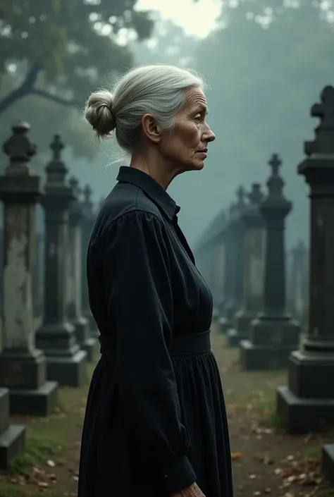 A 60-year-old lady ,  white hair, With bun and old black dress. cemetery 