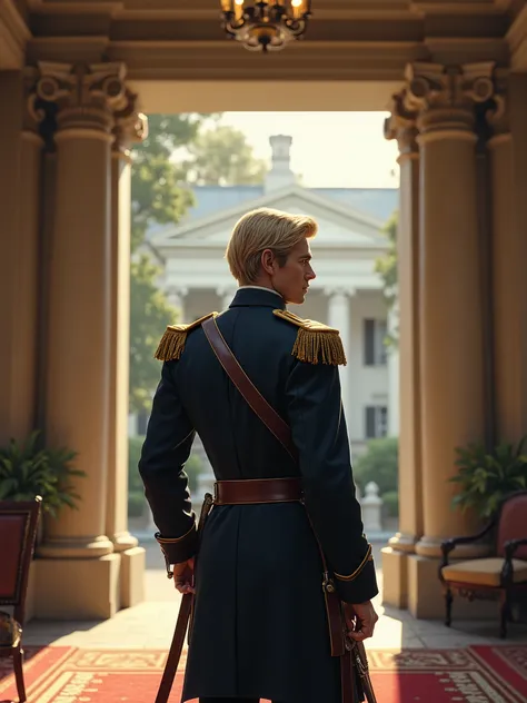 A handsome Southern blond general dressed in a Southern Confederate uniform stands in the foyer of a stately plantation house, North facing South.