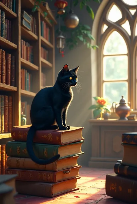 A small old European bookstore，Game art style，Many books，Black Cat