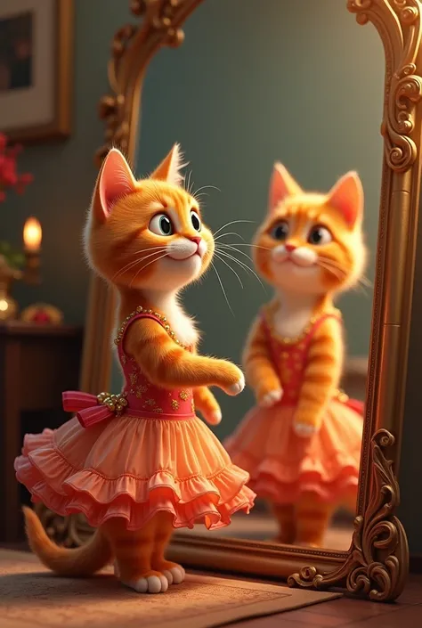 A orange cat being ready to go to party setting dress infront of the mirror