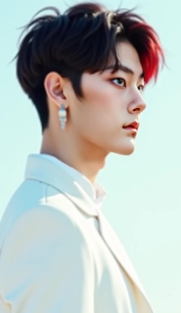 "A 23-year-old Korean man in a profile view, facing to the right, wearing an elegant all-white outfit consisting of a white blazer over a plain white shirt, with no tie, captured from the belly up on a transparent PNG background. The composition is framed ...