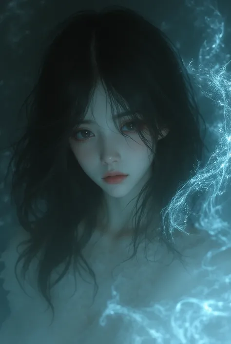  Beautiful girl, solo, , long hair, black hair, sad face, hime cut, holographic ghost in the air