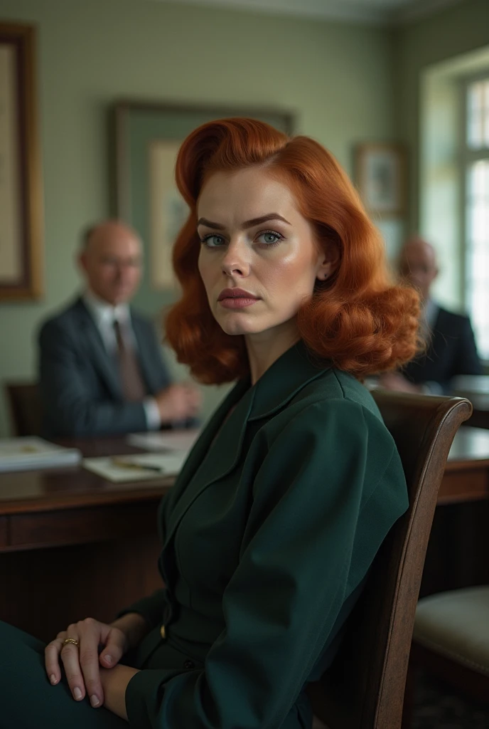  ((1950s style)),vintage photo of of 40 year old white woman with straight red hairdo, best quality, 8k, (blue eyes), extremely beautiful elegant face, wide hips, thick thighs,massive ass,dressed in 1950s outfit, ((looking sad)), sitting in an office with ...