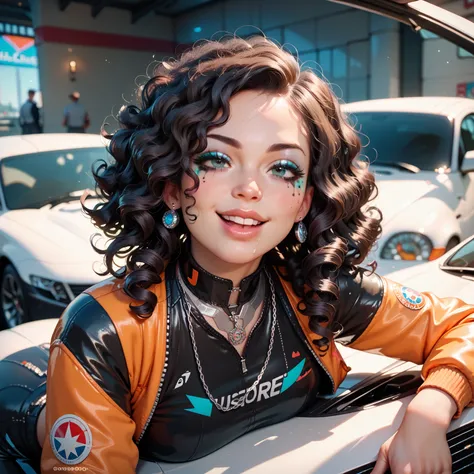 Extremely sex dressed woman cool makeup long black curly hair goes for a walk with her futuristic car and her two cute cats