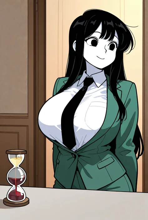 Draw a woman with long black hair, black eyes, white skin, a heart-shaped face, a beautiful appearance, an hourglass doll, large breasts, big breasts, the highlight of the image, a slightly short figure, put on a green suit, a white shirt, a white shirt, a...