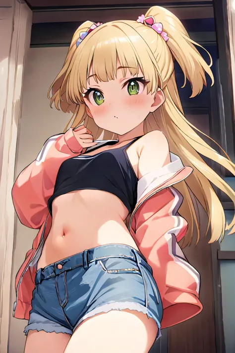 NSFW,masterpiece, best quality, high resolution, very detailed,Rika Jogasaki、Petite、 long hair、 blonde hair、 two side up、bangs、 hair ornament、 green eyes、 small breasts, jacket , tank top, Crop Top , denim shorts that show your stomach just a little