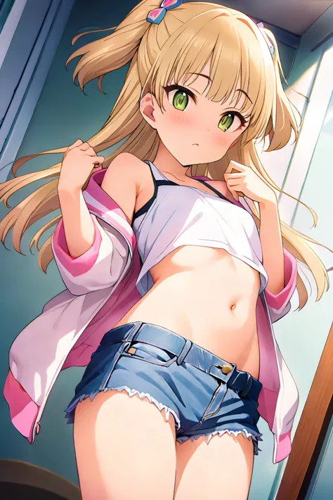 NSFW,masterpiece, best quality, high resolution, very detailed,Rika Jogasaki、Petite、 long hair、 blonde hair、 two side up、bangs、 hair ornament、 green eyes、 small breasts, jacket , tank top, Crop Top , denim shorts that show your stomach just a little