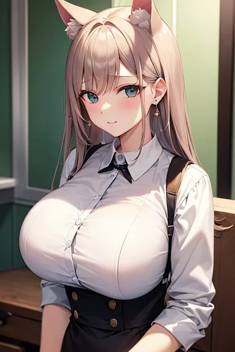 Big breasted older sister wearing a white shirt wearing dolphin earrings in her ears 。白いワイシャツを着ている巨乳のお姉さん