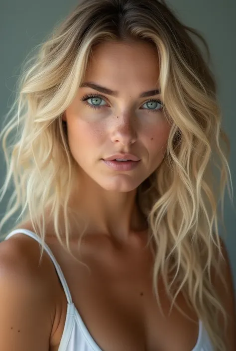  A Polish woman with stunning beauty , with wavy blonde hair , her eyes are expressive and blue with large curls .  Her nose is thin round , her mouth is medium but fleshy and adorns with a nose with few freckles,her chin is slightly curved  , her body is ...